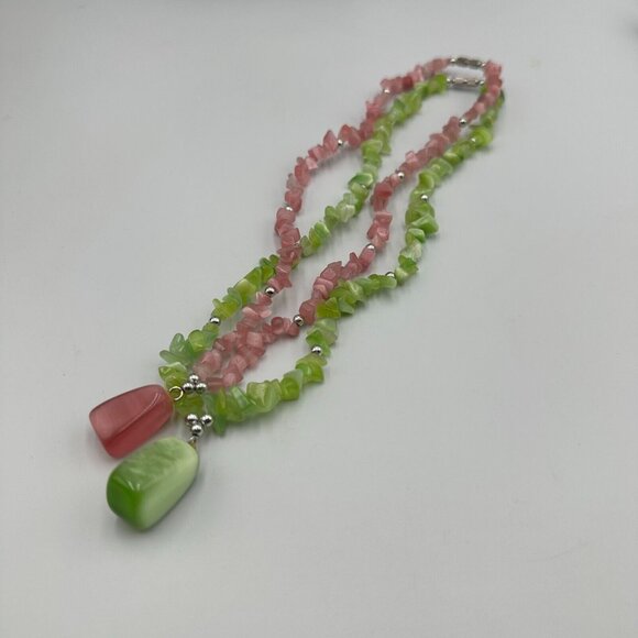Cat’s Eye Bead Necklace Lot Pink Green Chip Bead Pendant Boho Layering 18 Inch - Picture 7 of 11